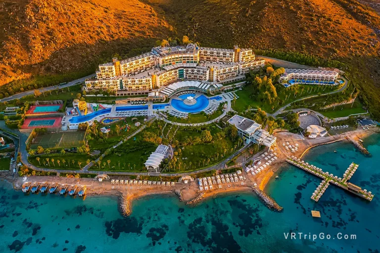 luxury hotels in Bodrum aerial sunset resort and turquoise coastline view