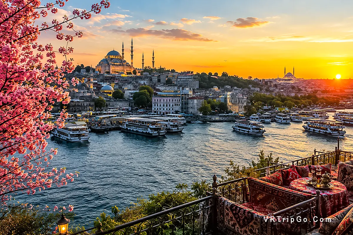 best time to visit Istanbul with Bosphorus sunset mosque skyline spring blossoms ferries and romantic terrace view over the city