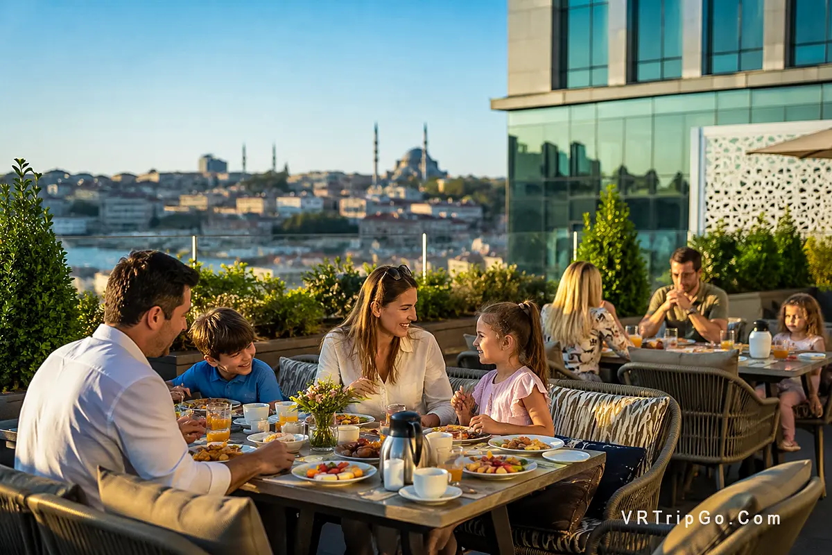 Best family hotels in Istanbul with happy family breakfast rooftop terrace city skyline warm sunset light and relaxing luxury hotel atmosphere