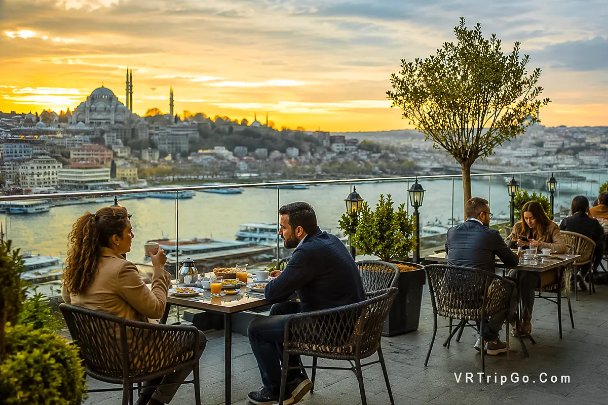 Cheap Hotels in Istanbul rooftop cafe with Bosphorus view sunset city skyline and cozy affordable hotel atmosphere