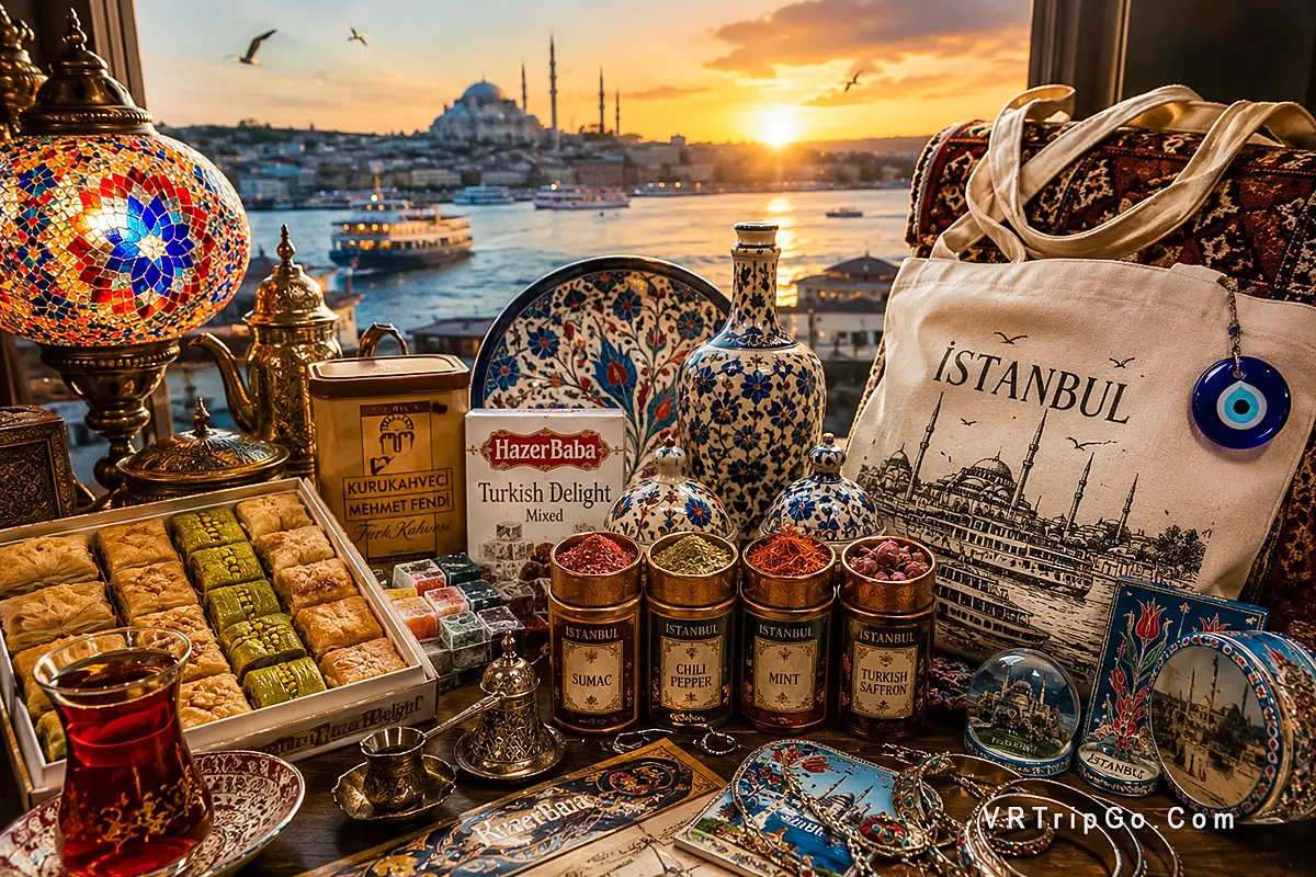 What to Bring Back from Istanbul with Turkish lamps baklava spices ceramics tea and colorful Grand Bazaar souvenir atmosphere