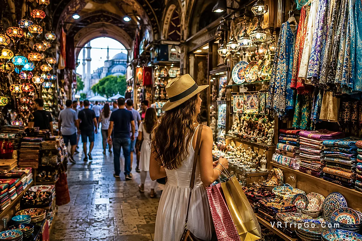 Shopping in Istanbul Grand Bazaar with colorful Turkish lamps traditional souvenirs luxury boutiques and vibrant local market atmosphere