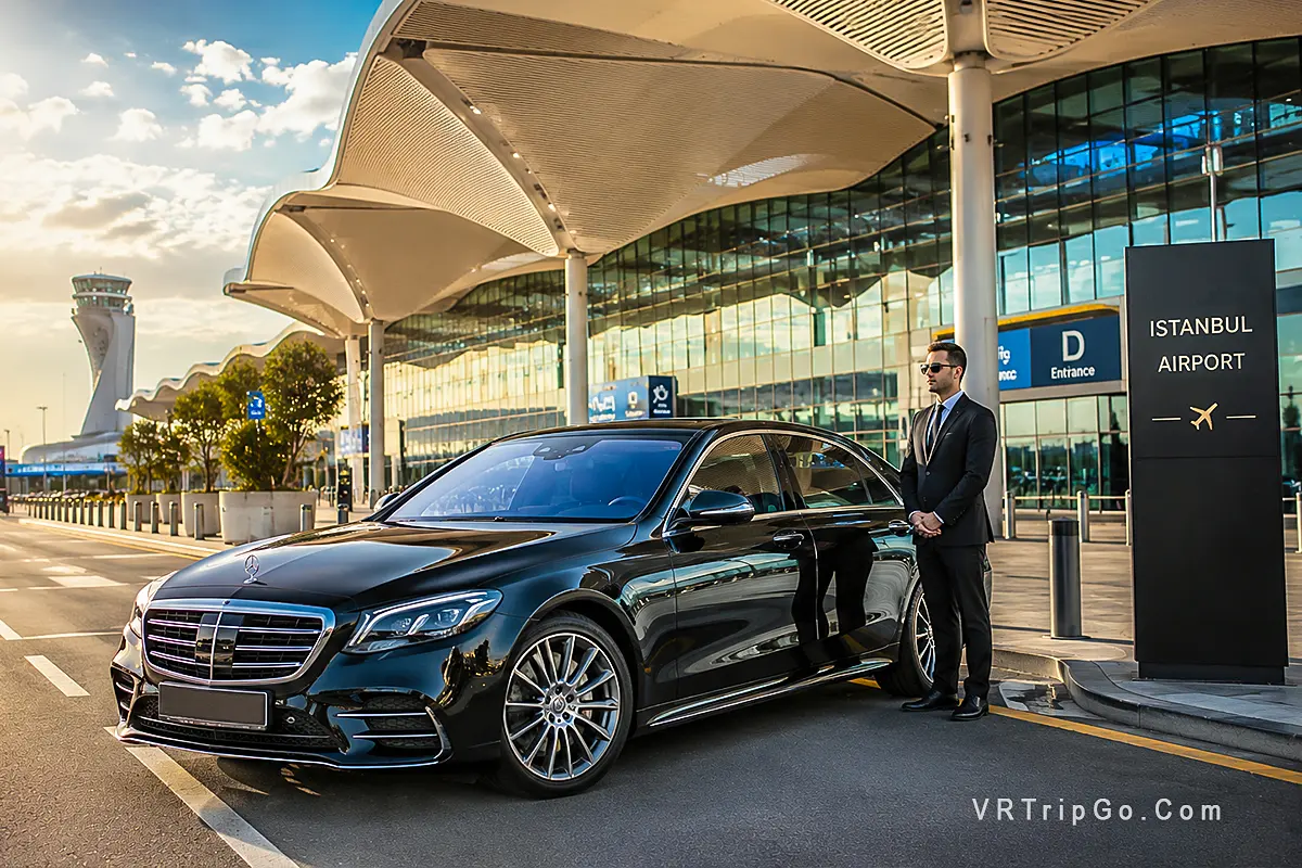 Istanbul Airport Transfer luxury Mercedes VIP chauffeur service at modern airport terminal with premium transfer atmosphere and elegant travel experience