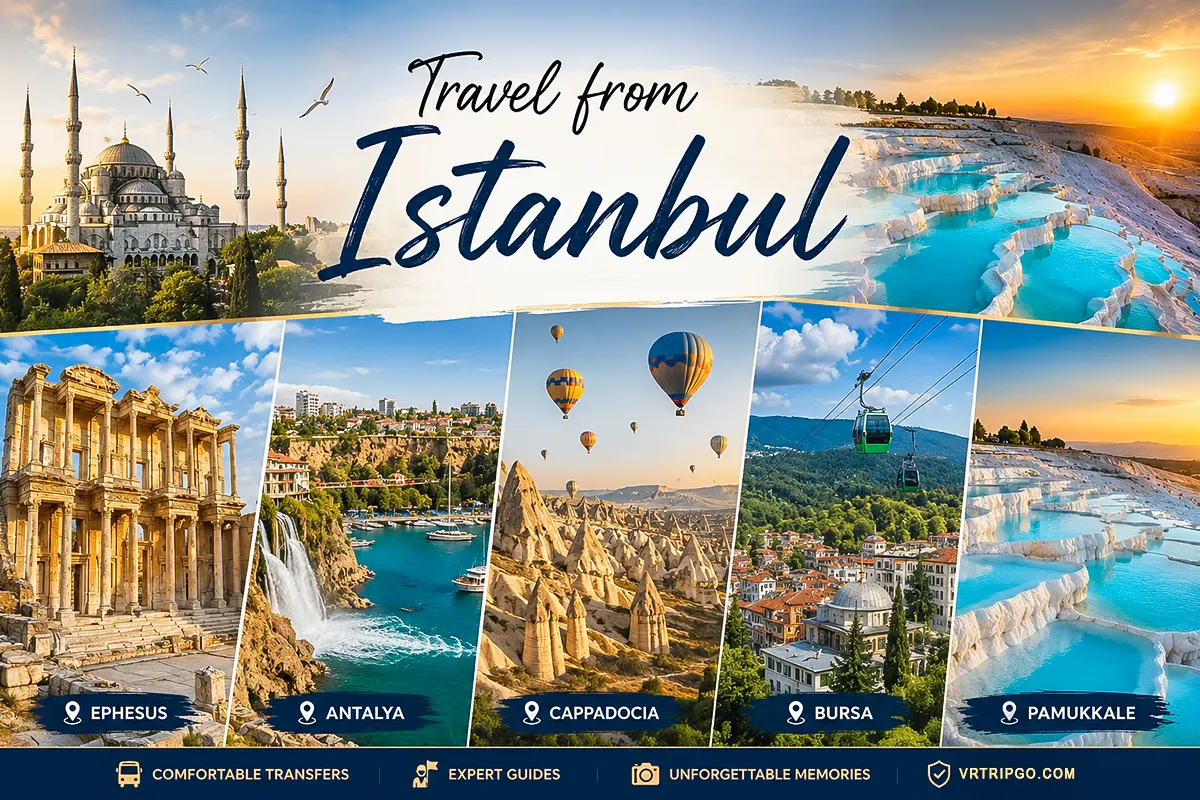 Istanbul Travel Guide collage with Blue Mosque Pamukkale Cappadocia Ephesus and scenic excursions across Turkey