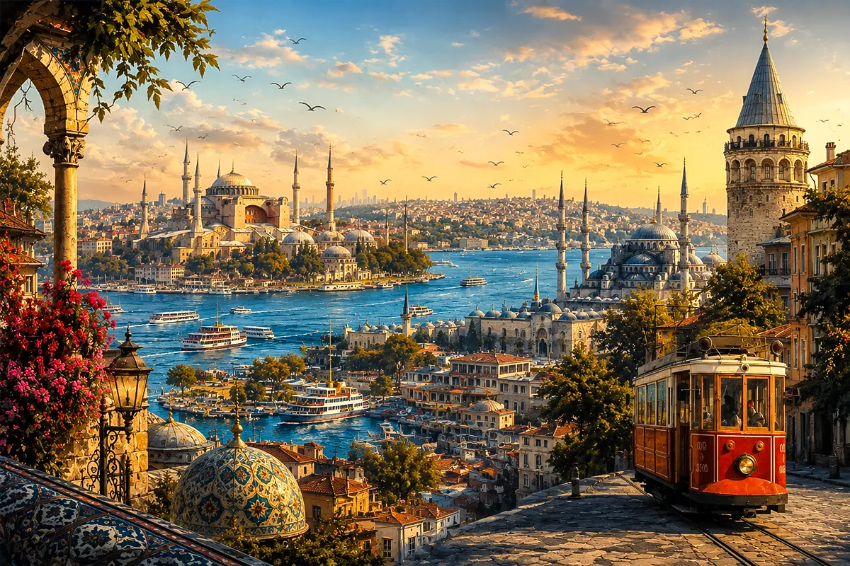 Istanbul Travel Guide postcard style cityscape with Bosphorus sunset Galata Tower historic mosques ferries and vintage red tram in Istanbul