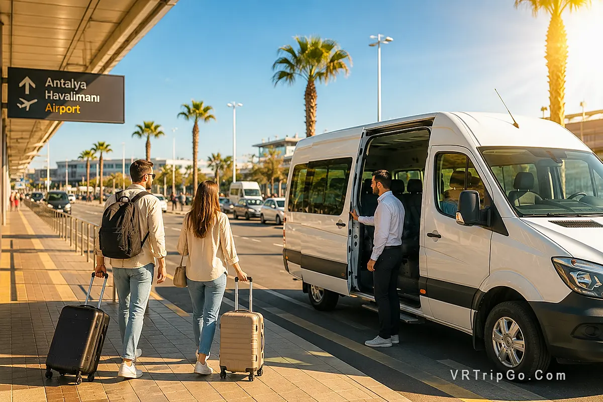 Private transfer from Antalya Airport to Antalya with white shuttle van and tourists boarding luggage in sunny daytime