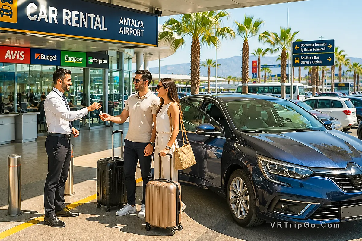 Travelers picking up a rental car at Antalya Airport with luggage and modern airport transportation in Turkey