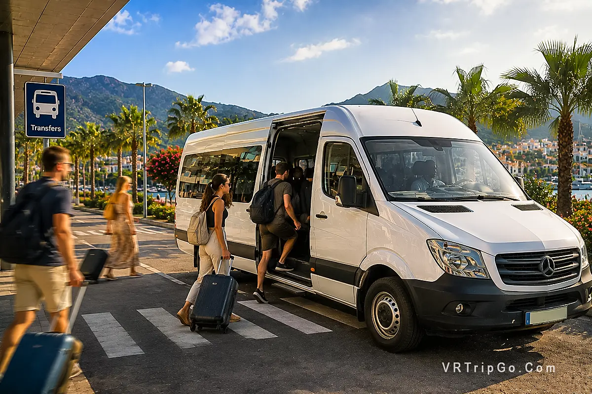 Travelers boarding a shared airport transfer minibus in Marmaris with summer holiday atmosphere in Turkey