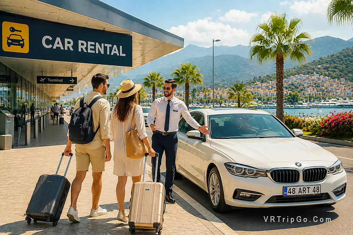 Travelers picking up a rental car at the airport with luxury vacation atmosphere and coastal scenery in Turkey