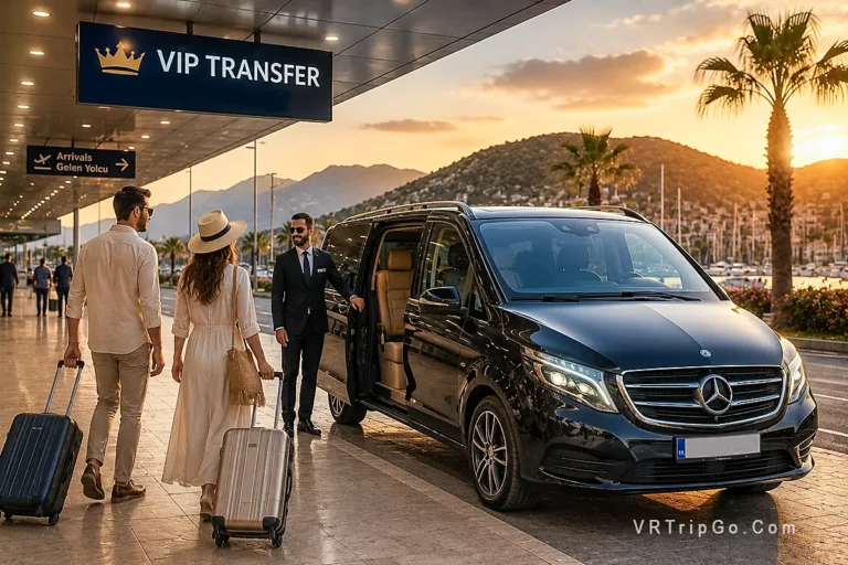 VIP airport transfer in Marmaris with luxury minivan service and sunset holiday atmosphere in Turkey