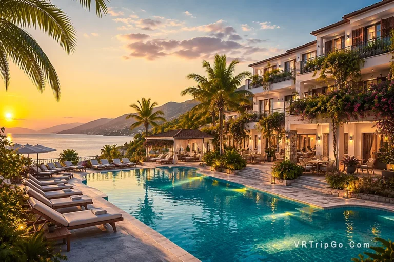 Cheap hotels near the beach in Antalya with sunset pool view and relaxing Mediterranean holiday atmosphere in Turkey