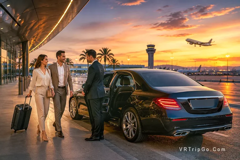 VIP transfer from the airport to Cesme with luxury black sedan, chauffeur service, elegant travelers, sunset airport atmosphere and premium private transfer experience
