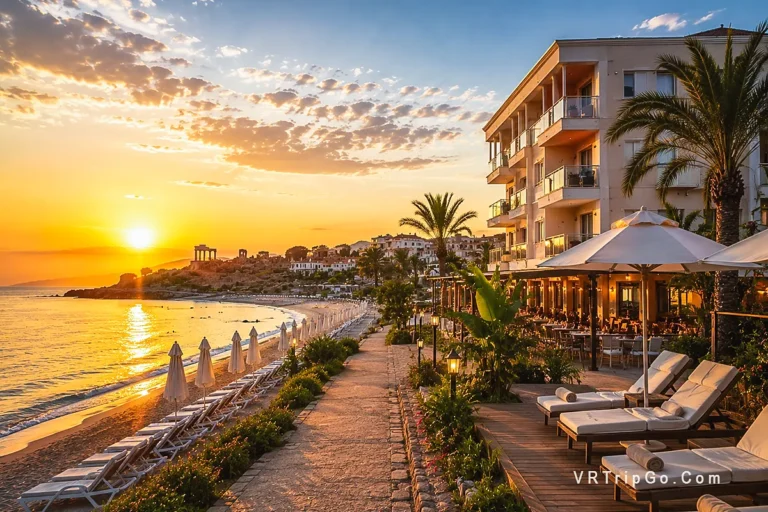 Cheap Hotels Near the Beach in Side with sunset beachfront hotel, seaside promenade, and relaxing Mediterranean vacation atmosphere