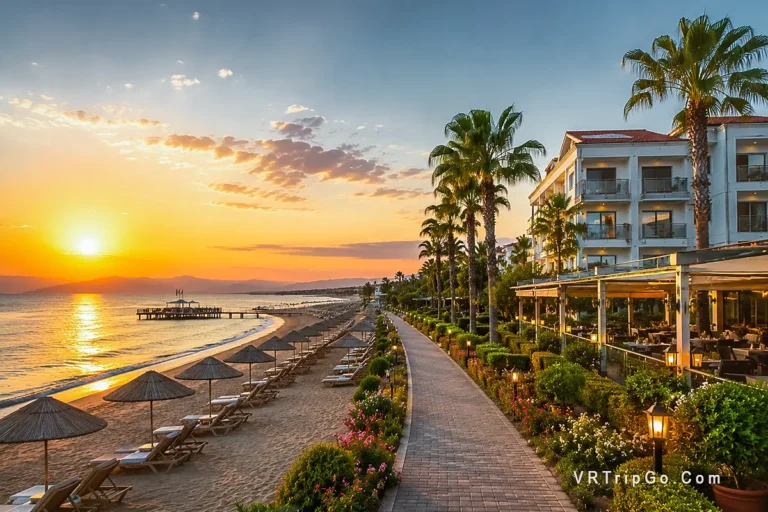 Cheap Hotels Near the Beach in Belek with sunset beachfront hotel, sandy beach promenade, palm trees, and relaxing Mediterranean resort atmosphere