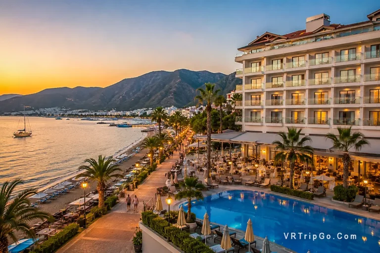 Cheap Hotels Near the Beach in Marmaris with beachfront resort hotel, sunset coastline, swimming pool, and relaxing Mediterranean vacation atmosphere