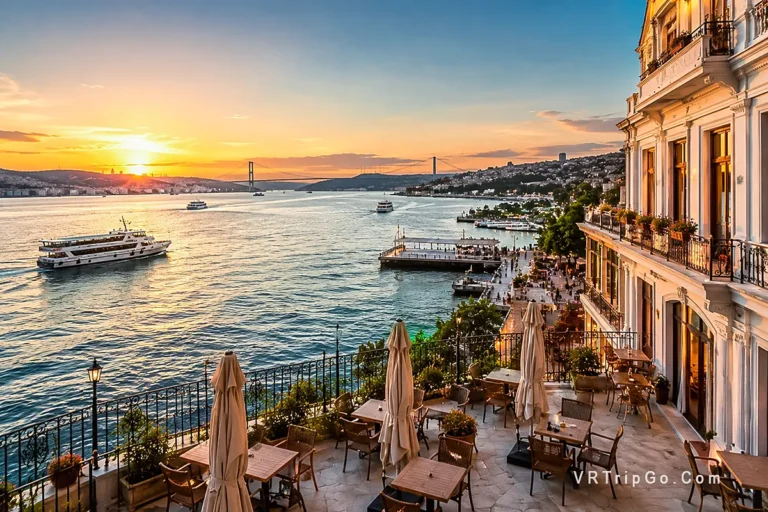 Budget hotels by the sea in Istanbul with waterfront hotel terrace, Bosphorus sunset panorama, and relaxing seaside holiday atmosphere