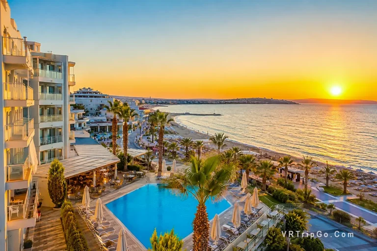Cheap hotels near the beach in Didim with beachfront resort hotel, sunset sea view, swimming pool, and relaxing Mediterranean vacation atmosphere