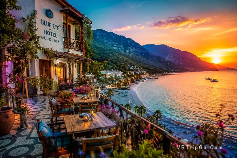 Cheap hotels near the beach in Oludeniz with charming seaside hotel, turquoise bay views, mountain backdrop, and relaxing Mediterranean vacation atmosphere