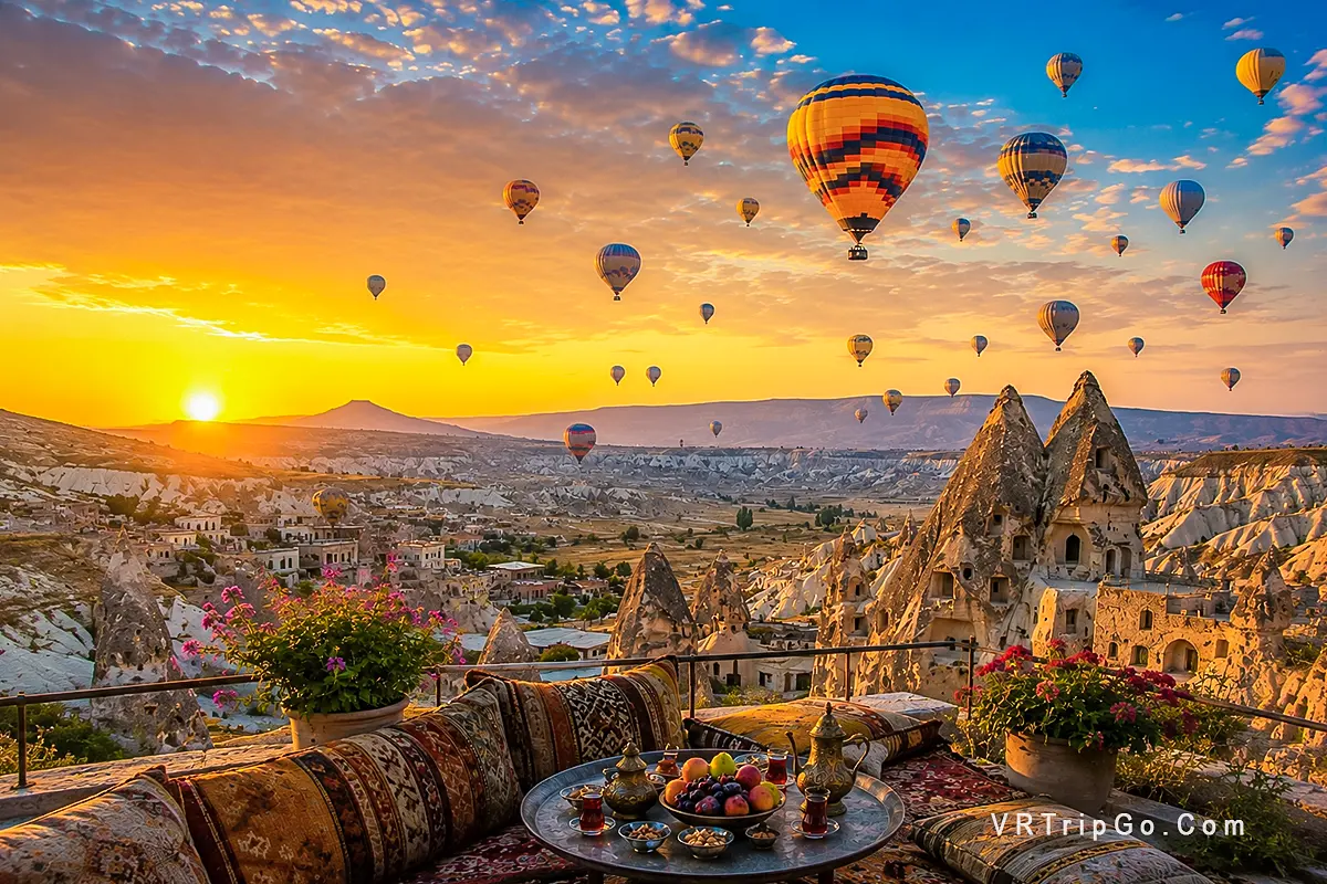 Cappadocia Tour from Antalya featuring colorful hot air balloons, fairy chimney rock formations, and breathtaking sunrise views over the famous Cappadocia valley landscape
