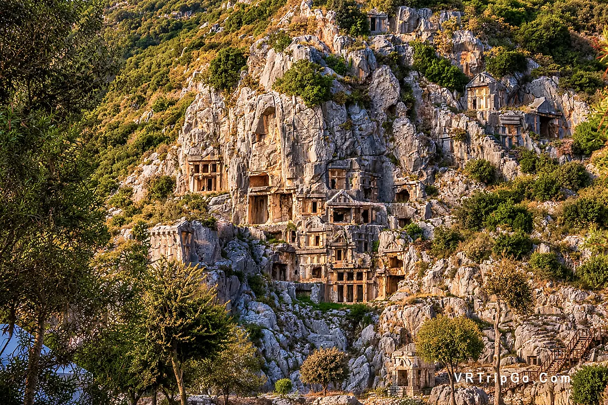 Demre, Myra and Kekova Boat Tour featuring the famous Lycian rock tombs of Myra, ancient cliffside ruins, and breathtaking historical landscapes of the Turkish Mediterranean coast