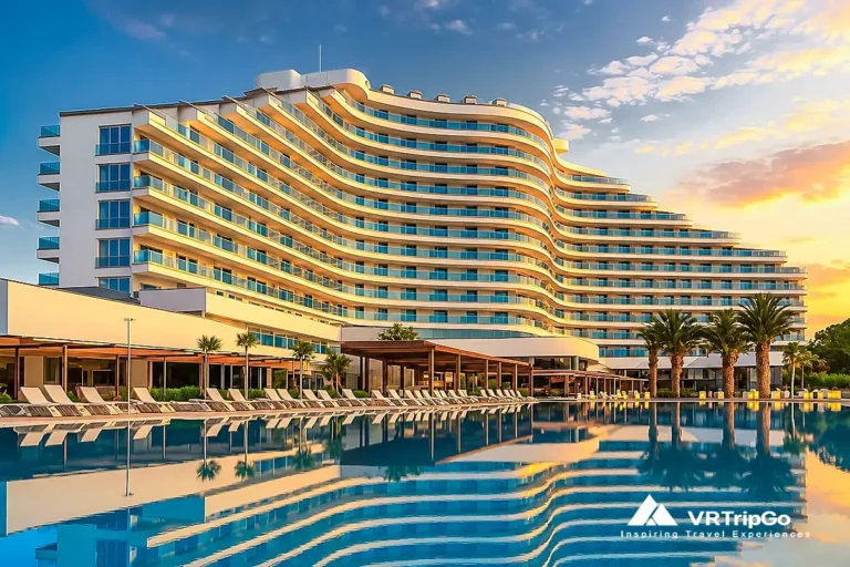 Luxury hotels in Didim with infinity pool, sunset reflection, modern beachfront resort architecture, and palm trees on the Aegean coast in Turkey