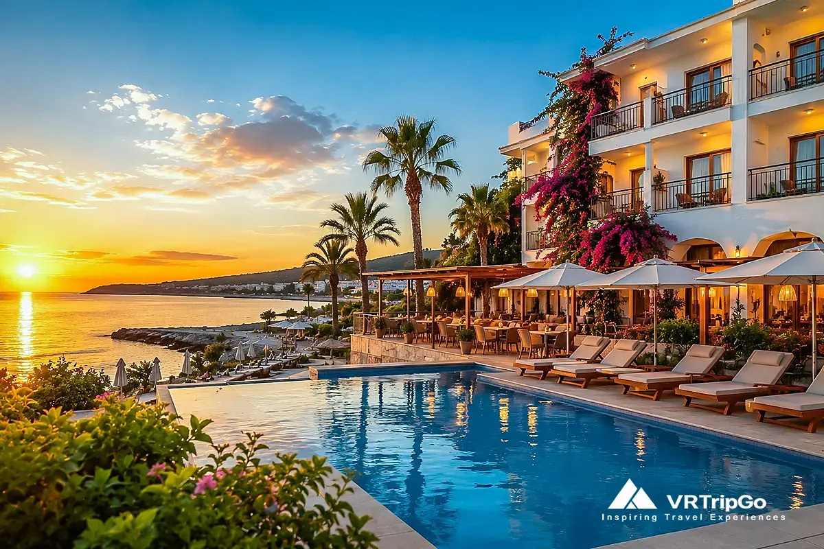 Luxury beachfront hotel with swimming pool at sunset, palm trees, sea views, and elegant resort atmosphere on the Turkish coast.