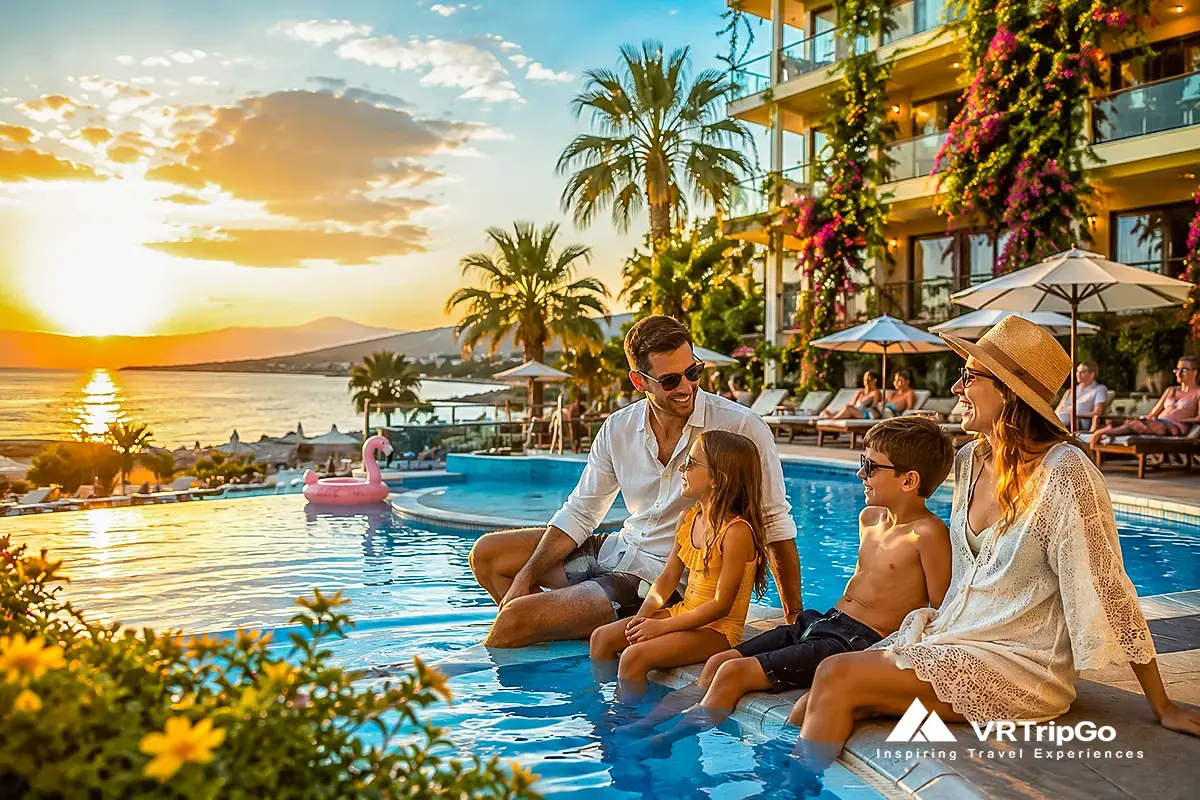 Best Family Hotels in Turkey family relaxing by a luxury resort pool at sunset with beautiful sea views