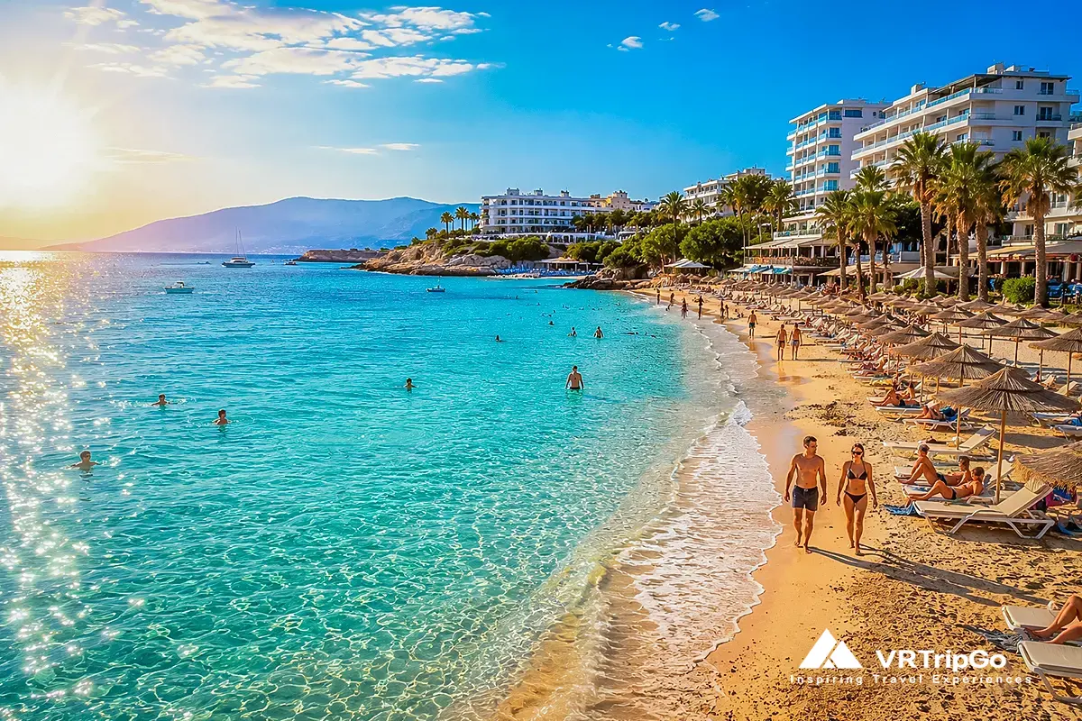 Luxury beach resort with crystal-clear turquoise water, sandy beach, sun loungers, and seaside hotels on a sunny Mediterranean coast.
