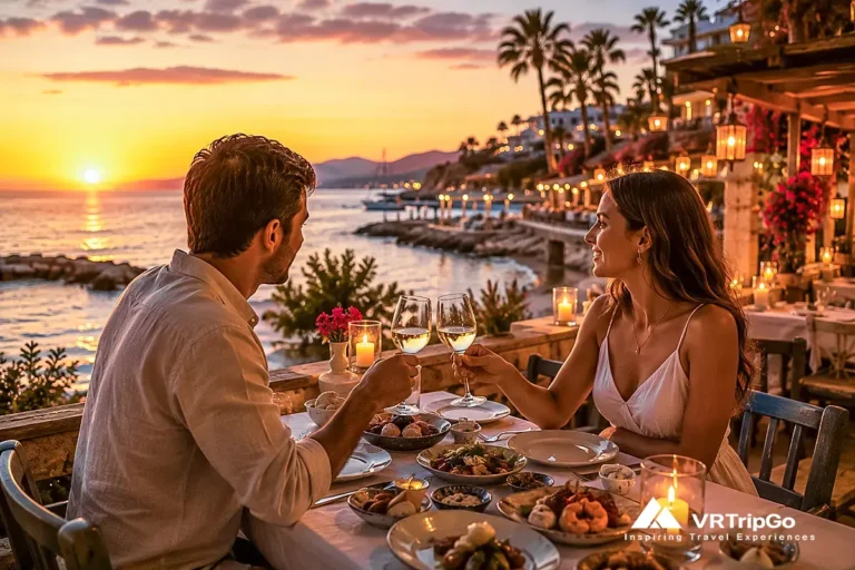 Romantic seaside dinner at sunset with ocean views, candlelit table, and luxury coastal restaurant atmosphere on the Mediterranean coast.