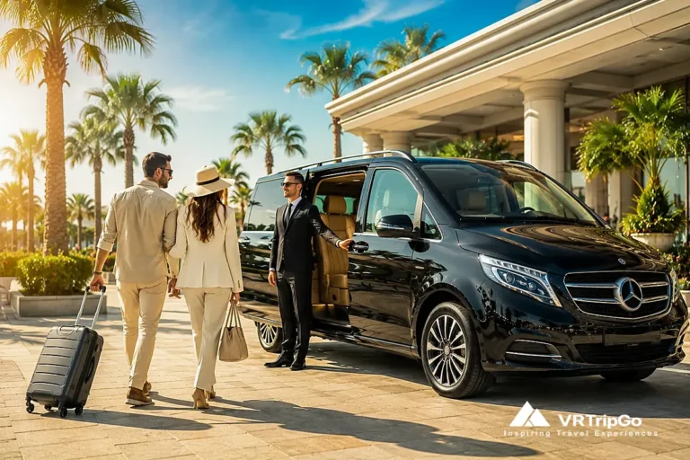Luxury private transfer from Antalya to Alanya with VIP minivan, elegant couple with luggage arriving at a luxury resort entrance, premium airport transportation in Turkey Riviera