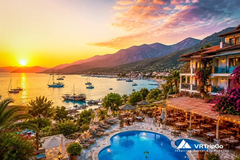 Cheap Hotels Near the Beach in Fethiye with beachfront resort hotel, sunset marina panorama, turquoise coastline, and relaxing Mediterranean vacation atmosphere