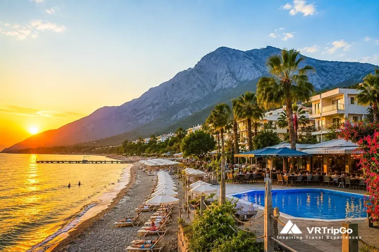 Cheap Hotels Near the Beach in Kemer with sunset beachfront resort, mountain views, and relaxing Mediterranean holiday atmosphere