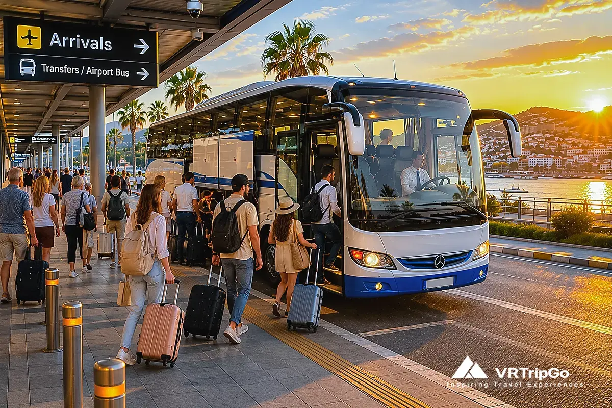 Travelers boarding an airport transfer bus to Kusadasi with sunset coastal atmosphere in Turkey