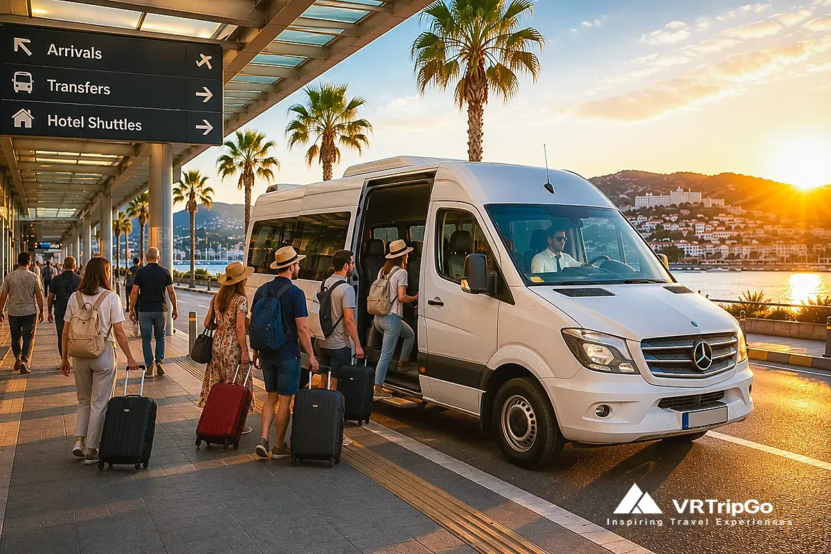 Travelers boarding a private airport transfer minibus to Kusadasi with sunset coastal atmosphere in Turkey