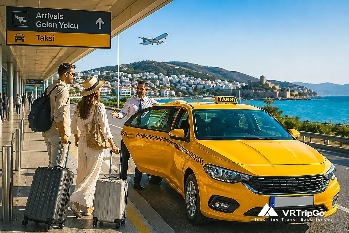 Taxi from the Airport to Kusadasi with sunny coastal airport transfer atmosphere and travelers arriving in Turkey