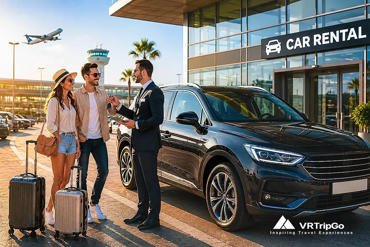 Couple picking up a rental SUV at the airport with sunny holiday road trip atmosphere and modern car rental service in Turkey