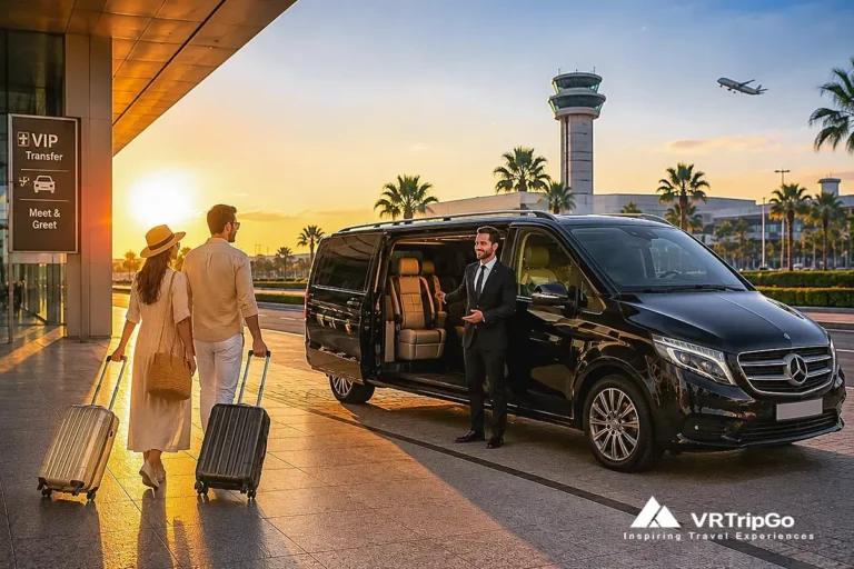VIP Transfer from the Airport to Kusadasi with luxury black minivan service and elegant sunset airport arrival atmosphere in Turkey