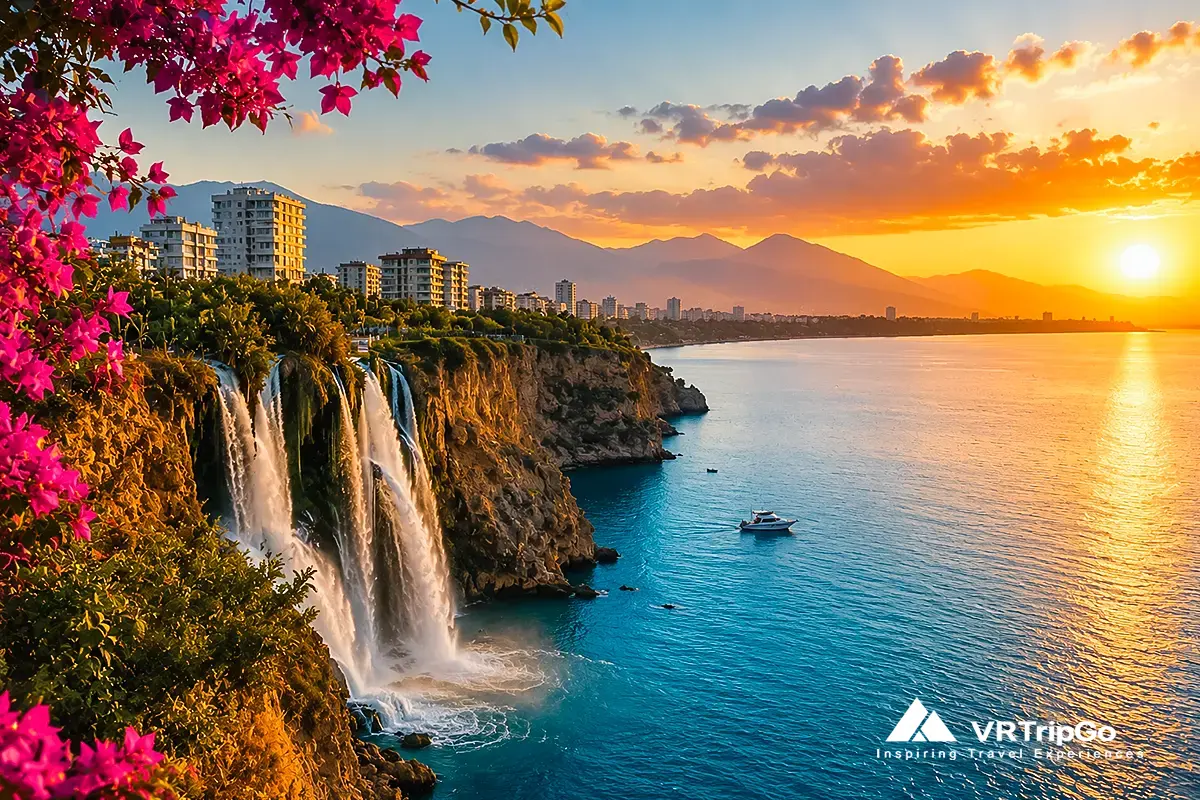 Antalya Travel Guide sunset view over Antalya coastline, cliffs and waterfalls with warm Mediterranean weather and scenic city landscape in Turkey