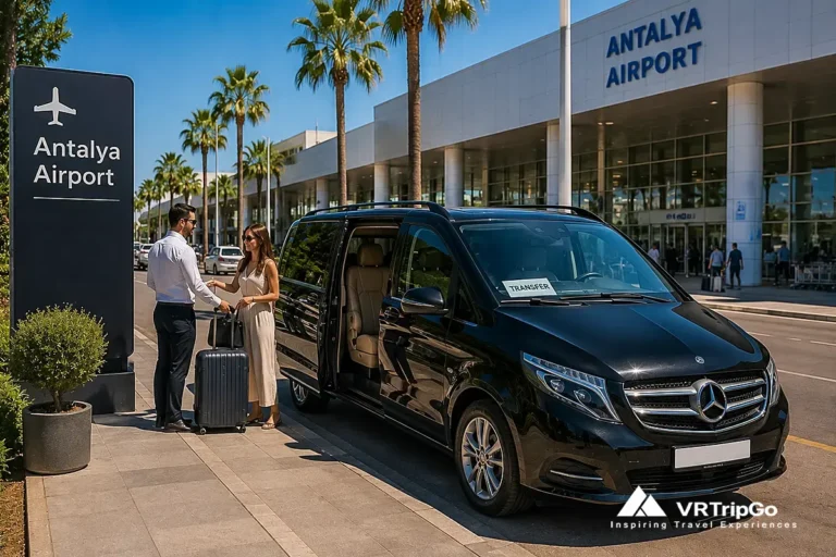 Antalya Airport to Alanya transfer with luxury minivan, driver greeting passengers and luggage, comfortable private airport transfer service in Turkey