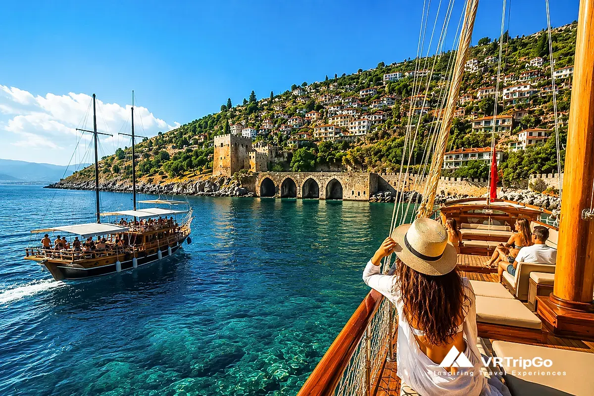 Alanya boat tour with luxury yacht, turquoise sea, castle coastline and scenic views, best boat tours in Alanya experience