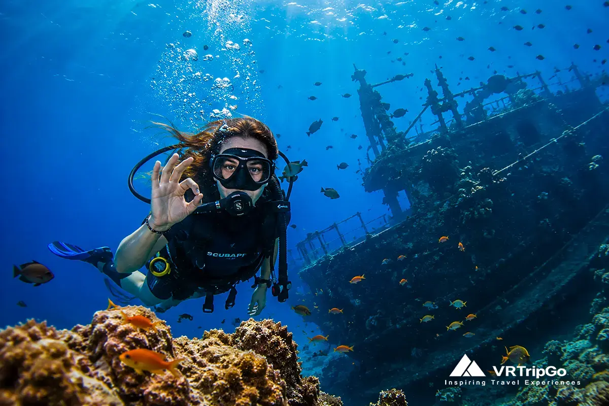 Diving tours in Alanya with scuba diver exploring underwater reef and shipwreck, clear blue sea and marine life, exciting diving experience in Alanya Turkey