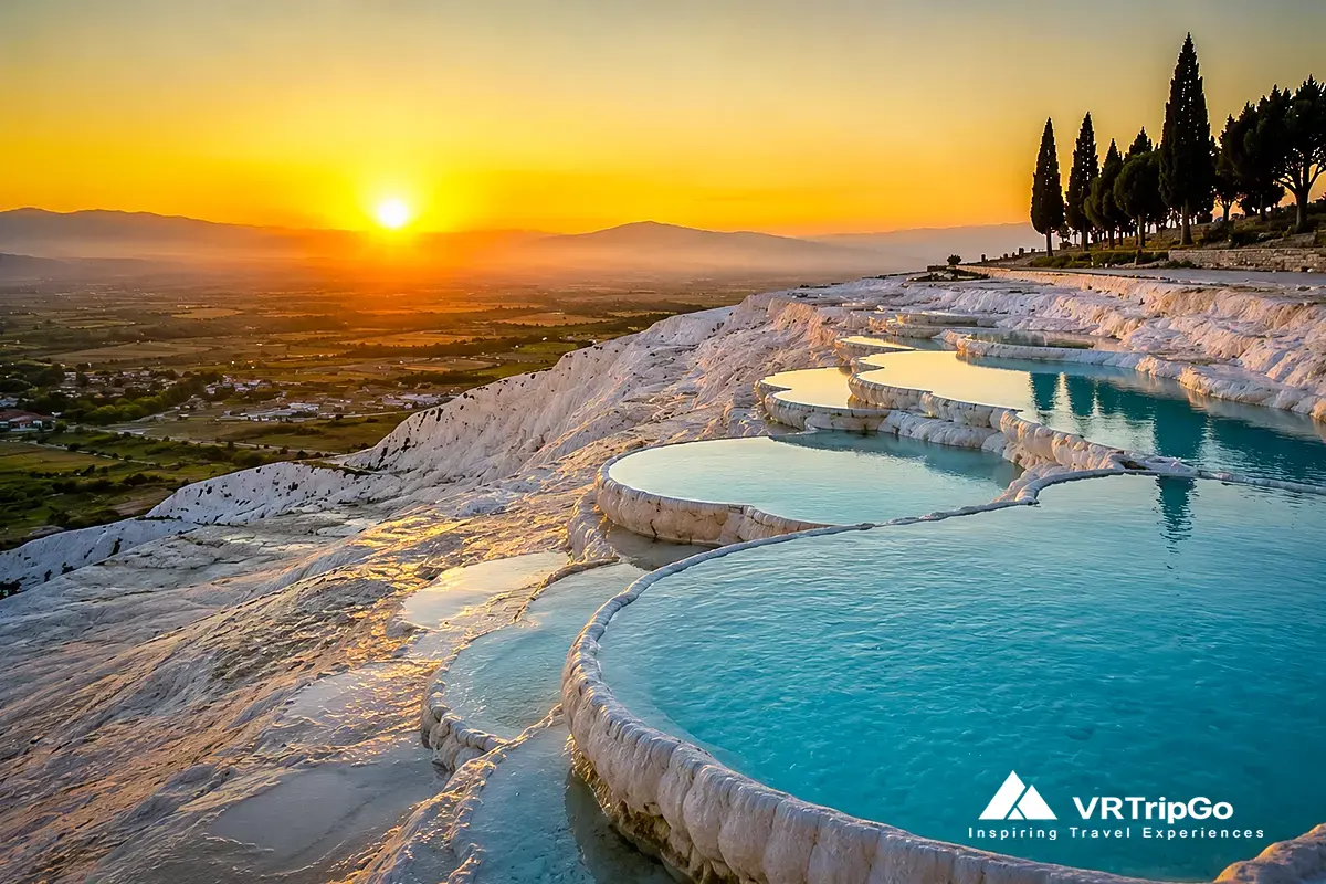 Pamukkale travertine terraces with turquoise thermal pools at sunset, natural white formations and scenic landscape, Pamukkale tour from Alanya Turkey