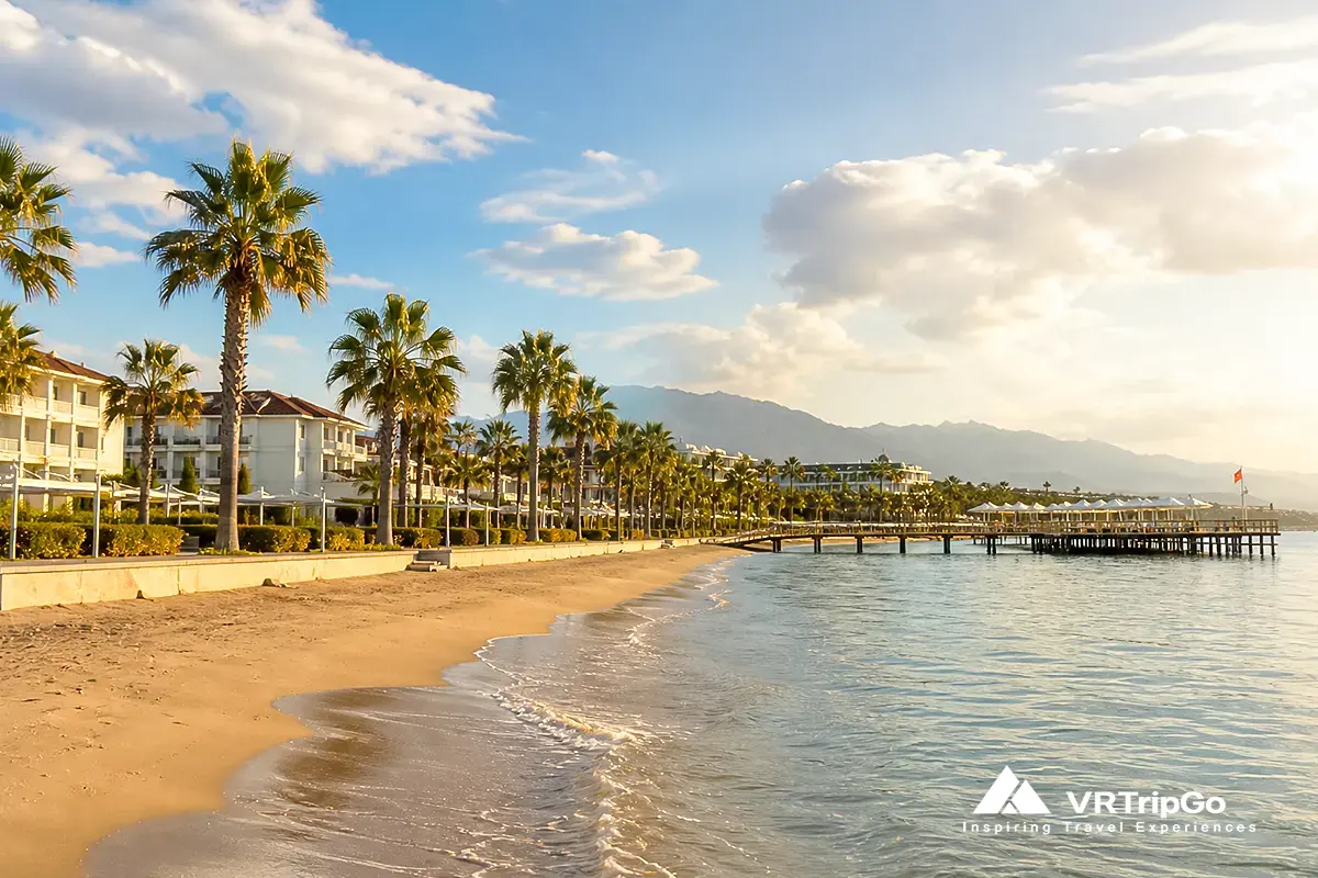 Belek beach best time for prices, calm sea, palm trees, resort coastline, Antalya Turkey