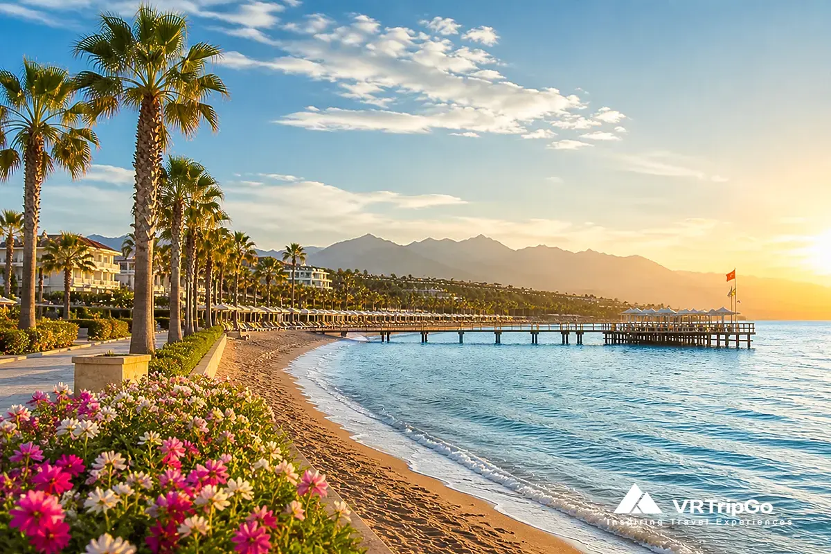 Best month to visit Belek, sunny beach, palm trees, calm sea, Antalya Turkey