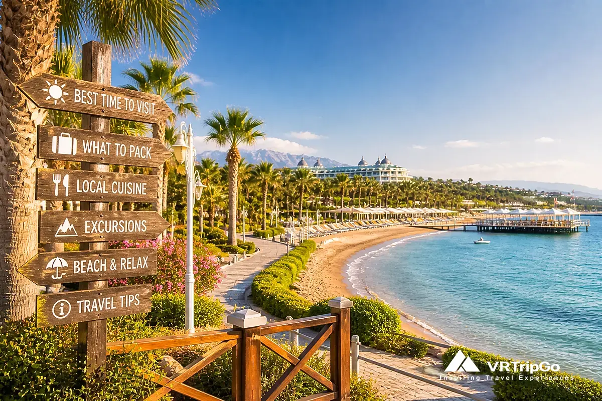 Belek travel tips beach view, palm trees, resort coastline, sunny day, Antalya Turkey
