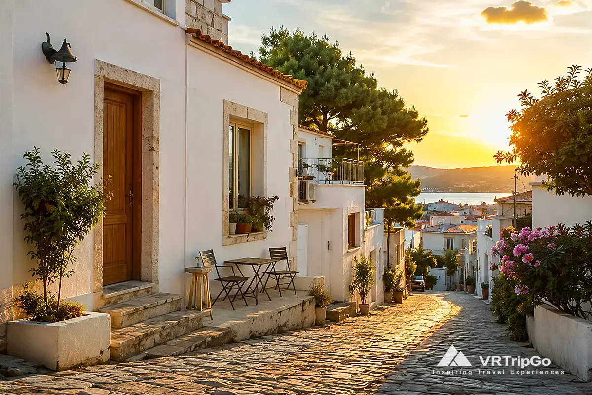Cheap Hotels in Cesme cozy coastal street and sunset sea view