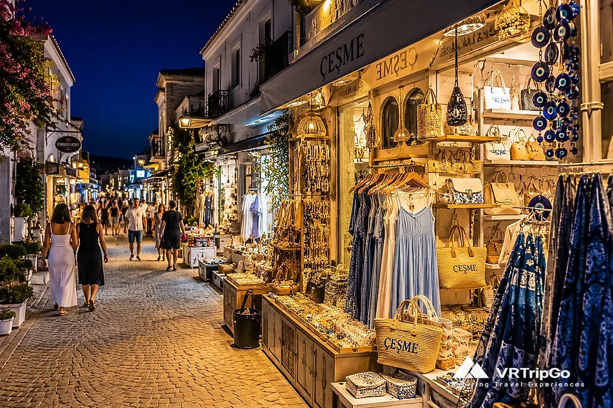 Shopping in Cesme evening market street with boutiques and local fashion stores