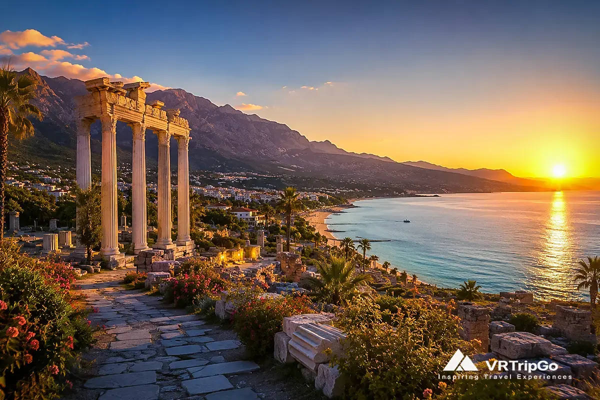 Best Time to Visit Side ancient ruins with sunset beach and Mediterranean coastline in Turkey