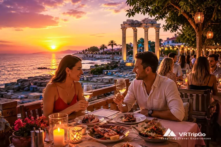 Best Restaurants in Side romantic sunset dinner by the sea with couples and Mediterranean ruins in Turkey