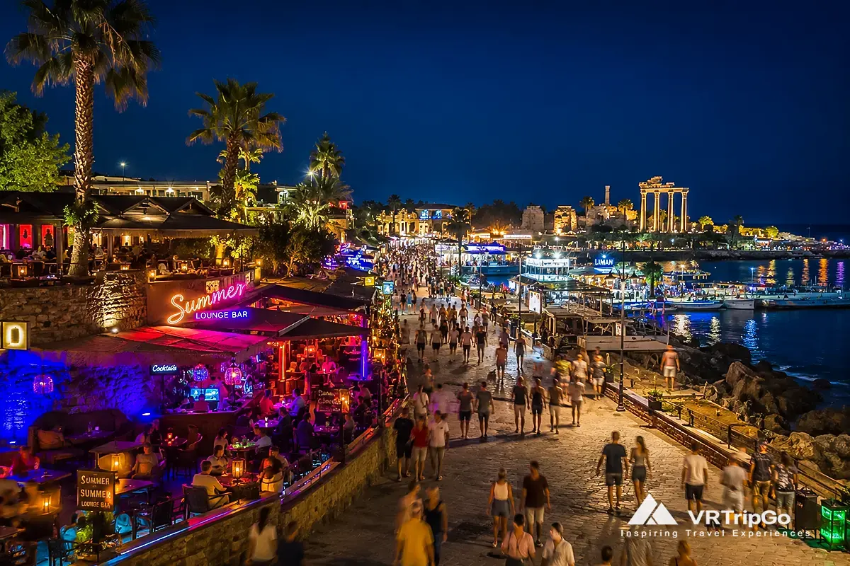 Nightlife in Side beach bars and seaside nightlife with ancient ruins in Turkey